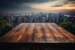 Tisch Holz Ablage mit Skyline bei Sonnenuntergang (Durch AI generiert)