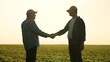 two businessmen farmers shake hands sunset. handshake sign agreement. Agriculture. making a deal field on a farm. handshake with business men. agro-industrial production. working people in the field.