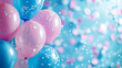 Pink and blue balloons and confetti background with copy space for festive gender reveal party or baby shower backdrop