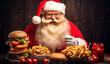 santa claus with large burger and more potato chips