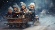 two children playing in snow in cart. Speed driving 