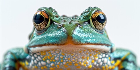 Wall Mural - A detailed close-up image showing the mesmerizing eyes of a green amphibian, possibly a toad or frog.