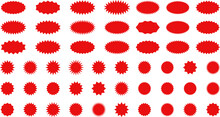 Starburst Red Sticker Set - Collection Of Special Offer Sale Oval And Round Shaped Sunburst Labels And Badges. Promo Stickers With Star Edges. Vector.