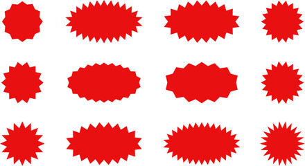 Starburst red sticker set - collection of special offer sale oval and round shaped sunburst labels and badges. Promo stickers with star edges. Vector.