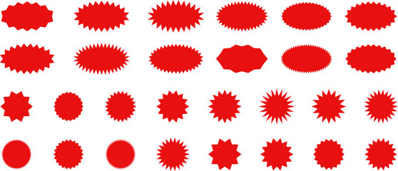 Starburst red sticker set - collection of special offer sale oval and round shaped sunburst labels and badges. Promo stickers with star edges. Vector.