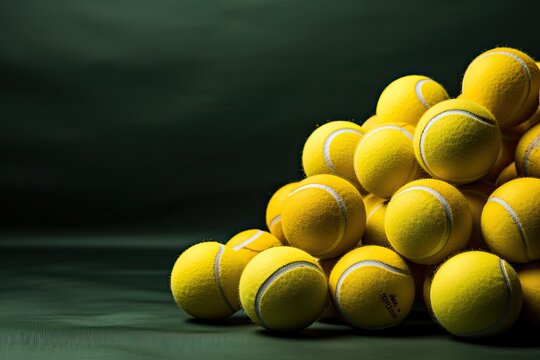 Lots of vibrant tennis balls, new tennis balls on dark green background. Sport concept