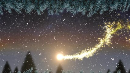 Wall Mural - Animation of snow falling over light trail and fir tree forest