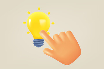 Aufkleber - Comic hand touching lightbulb. Inspiration concept. 3d vector illustration
