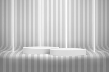 Aufkleber - Empty room with podium and neon lamps and stripes on the floor. 3d style vector illustration 