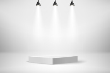 Poster - White illuminated stage with projectors and podium. 3d vector illustration