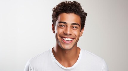 Portrait of a happy young man with smile wearing casual white t-shirt standing over white background