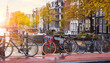 Amsterdam, Netherlands. Bikes over canals of amsterdam city, autumn yellow leaf fall. Picturesque town landscape with bicycles on the bridge, view at river Amstel and old tower during sunset