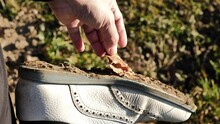 Close Up On A Female Golfer Cleaning Below Her Golf Shoe From Leaves And Dirt In A Sunny Day In Switzerland.