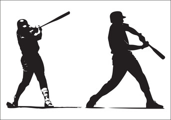 A silhouette of a Baseball Player Batting, A Baseball Player pitching silhouette, black, clean, simple artwork vector,