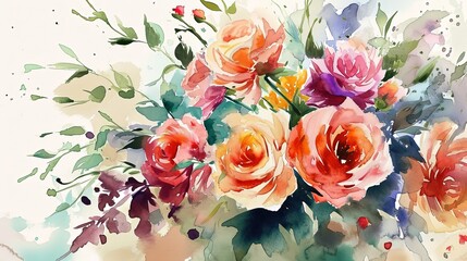  watercolor style illustration of flower bouquet blossom background wallpaper, color splash and wet in wet technique with grungy texture, Generative Ai