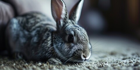 Poster - A small rabbit peacefully laying on a cozy rug. Suitable for various uses