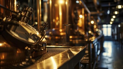 Canvas Print - A row of copper tanks in a dimly lit room. Perfect for industrial or manufacturing themes