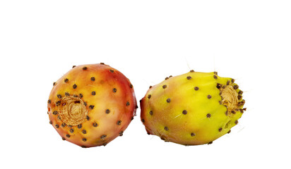 two cactus figs aka opuntia ficus indica fruit, laying on flat surface. isolated cutout on a transpa