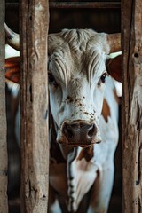 Wall Mural - A detailed view of a cow standing behind a sturdy wooden fence. Suitable for agricultural, farm, or rural-themed projects