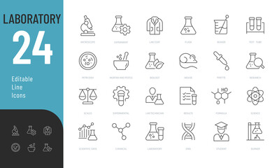 Laboratory Line Editable Icons set. Vector illustration in modern thin line style of experiment room related icons: laboratory equipment, scientific symbols, scientists, and more. Isolated on white.