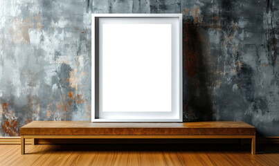 Minimalistic white picture frame with blank space for artwork or photograph, standing on a wooden surface against a textured grey wall background