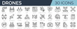 Set of 30 outline icons related to drone. Linear icon collection. Editable stroke. Vector illustration