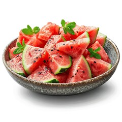 Bowl Watermelon Pieces Healthy Meal, White Background, Illustrations Images