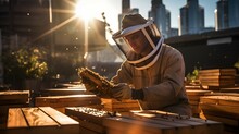 Beekeeper Caring For The Bees That Produce Honey, Separating The Sheets Of Wax Produced By The Bees, Beekeeper Care Of Bee Apiary, Natural Honey, Beekeeper In Protective Workwear Holding Honeycomb 