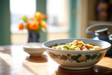 Wall Mural - bowl of minestrone soup, natural daylight