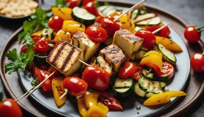 Wall Mural - Colorful skewers of grilled halloumi cheese and mixed vegetables like bell peppers, cherry