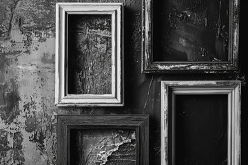 Poster - Black and white photograph of old frames on a wall. Perfect for adding a vintage touch to any interior design project