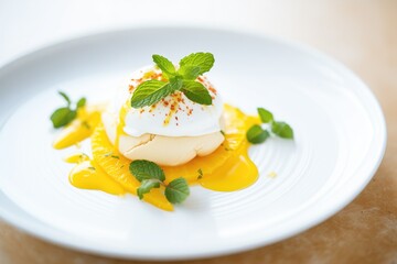 Wall Mural - pavlova with lemon curd and mint leaves garnish