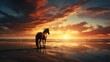 A brown horse standing on top of a sandy beach under a cloudy blue and orange sky with a sunset, Generative Ai