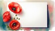 Biała kartka z miejscem na tekst otoczona czerwonymi kwiatami maków
