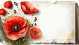 Fototapeta Kwiaty - Biała kartka z miejscem na tekst otoczona czerwonymi kwiatami maków