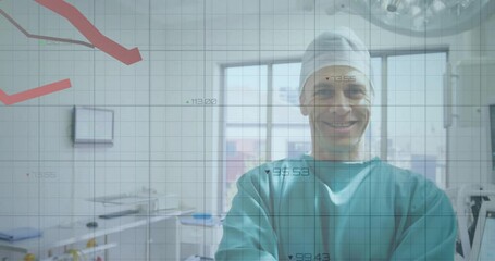 Sticker - Animation of data processing over caucasian male surgeon in hospital