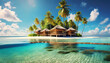 Small tropical island with huts and palm trees surrounded by blue sea water, in the background a beautiful clear blue sky with white clouds. Generative Ai.