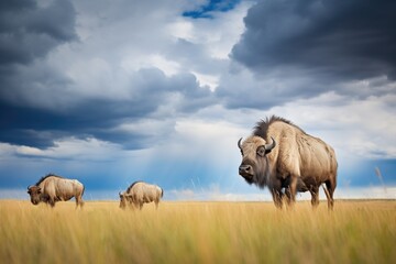 Poster - bison in the foreground with storm clouds above prairie