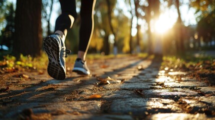 Sticker - A person is captured running on a path illuminated by the sun. This image can be used to depict fitness, health, outdoor activities, and motivation