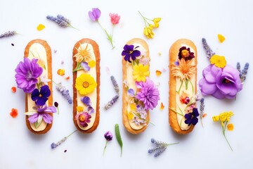 Canvas Print - eclairs decorated with edible flowers on top