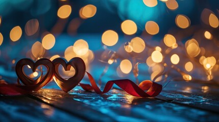 Wall Mural - two red ribbon hearts on bokeh background