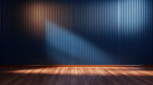 Empty Room With Blue Wall , Wooden Floor And Spotlight,dark Blue Corrugated Wall Background With Shadow Sunlight. A Bright Blue Room With A Warm Wooden Floor And Modern Vertical Blinds. 