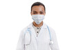 Medium close up shot of Black woman physician isolated on white background looking at camera wearing lab coat with face mask and stethoscope