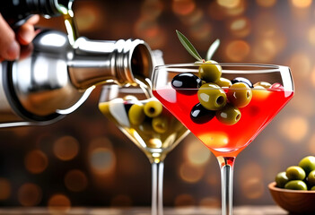 Pouring cocktail into martini glass with olives on blurred background, closeup