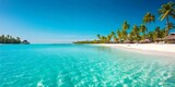 Fototapeta  - Luxury resort seascape with calm island beach with palms and blue ocean.Landscape.AI Generative.