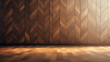 empty room with brown wood parquet wall , wooden floor and spotlight, A bright brown wood parquet room with a warm wooden floor and modern interior