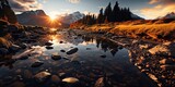 Fototapeta  - Beautiful sunset on calm river with stones and forest and mountains view.Landscape.AI generative.