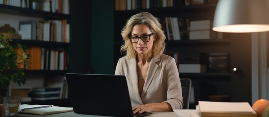 Sticker - Middle-aged businesswoman freelancer planning strategy and cooperation remotely in home office, considering new startup ideas.