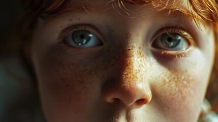 Wall Mural - A close-up shot of a child with freckles on their face. Perfect for capturing the innocence and beauty of childhood. Ideal for use in advertisements, brochures, or articles about children