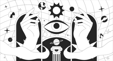 Wall Mural - Magic fortune astronomy black and white lofi wallpaper. Esoteric astrology 2D outline cartoon flat illustration. All seeing eye, cosmic planets. Dreamy vibes vector line lo fi aesthetic background